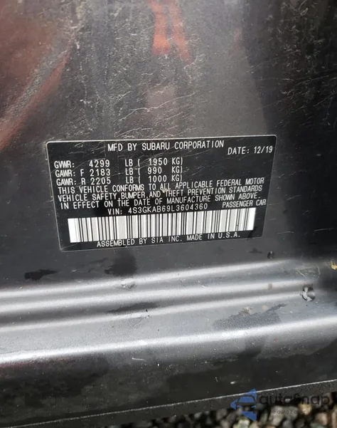 2020 Subaru Impreza из США, поврежденный, VIN 4S3GKAB69L3604360